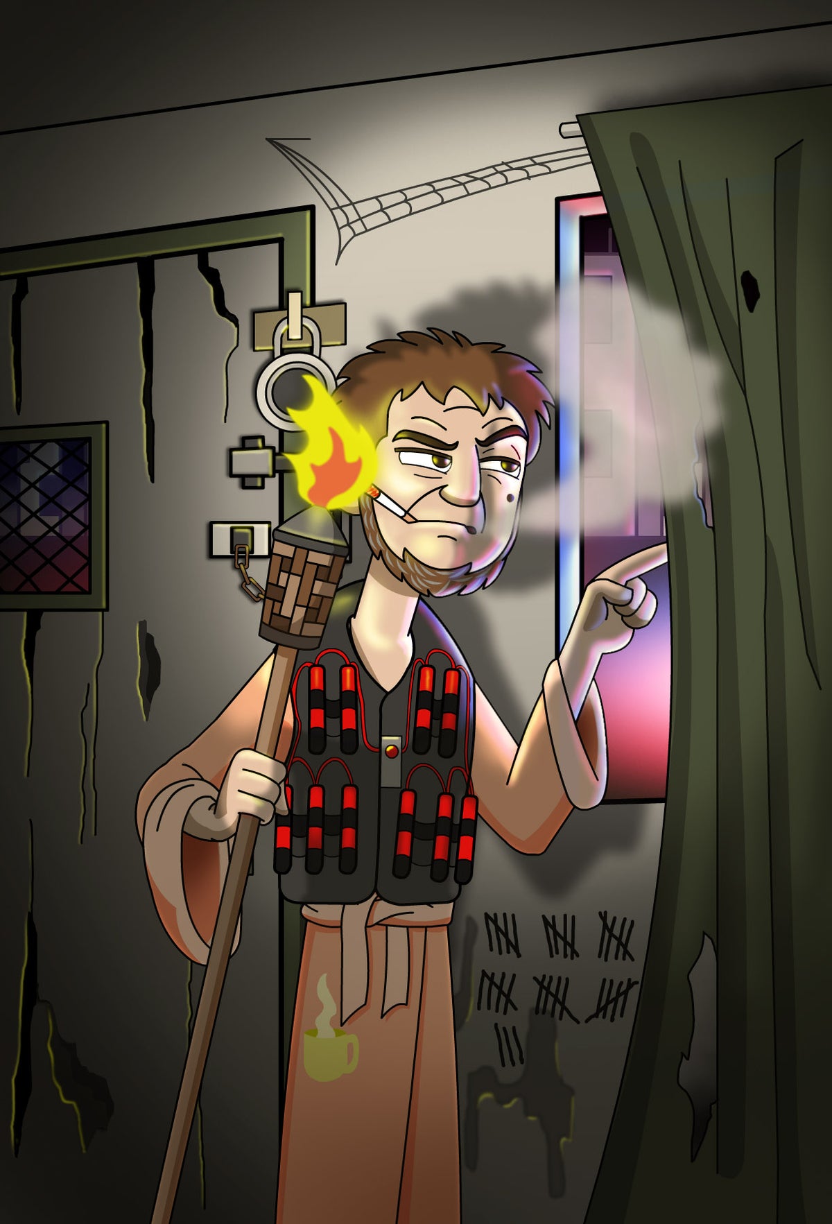 Floyd holding a torch and looking through a curtain in the original comic artwork.