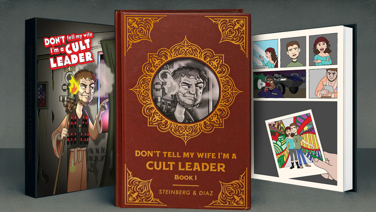 Don’t Tell My Wife I’m a Cult Leader: illustrated cover, gold-decorated hardcover, and open full-color comic pages