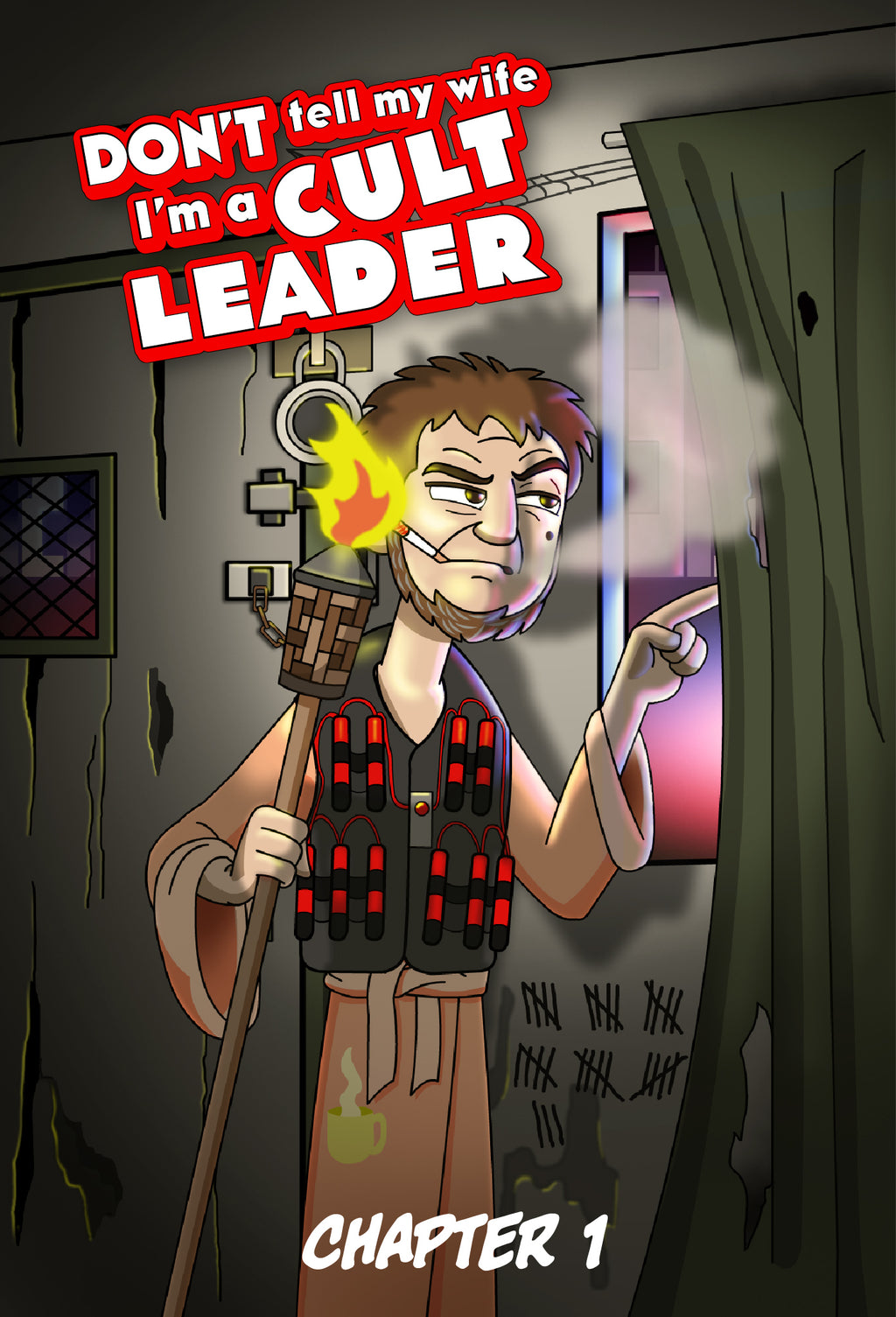 Cover of Chapter 1 of Don't Tell My Wife I'm a Cult Leader. We see Floyd Landers peeking outside a curtain while smoking a cigarette and holding a Tiki torch.